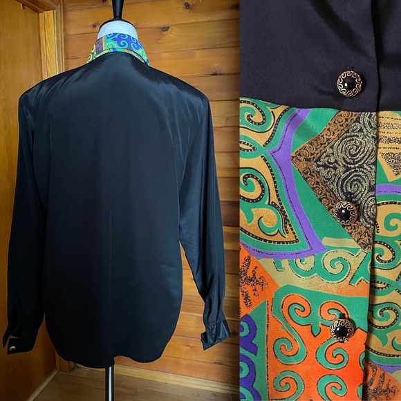 Vintage 80s Martinique Multicolor Multiprint Satin Button Down - Picture 3 of 6